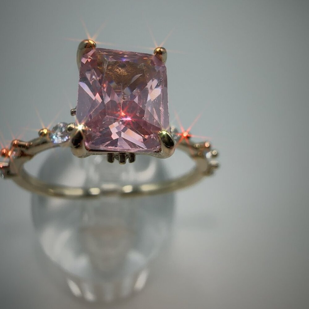Princess Cut Pink CZ Ring Gold Plated Brass Size 7 - Picture 16 of 17